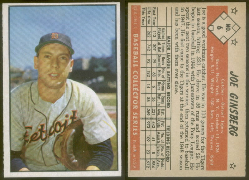 5330) 1953 Bowman Color 6 Joe Ginsberg Tigers EX  